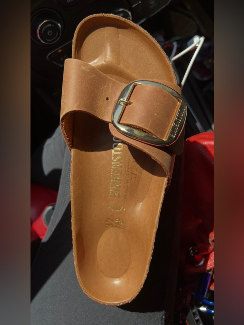 Birkenstock BRAND NEW Madrid Big Buckle Slide Sandal in Brown with Gold Buckle